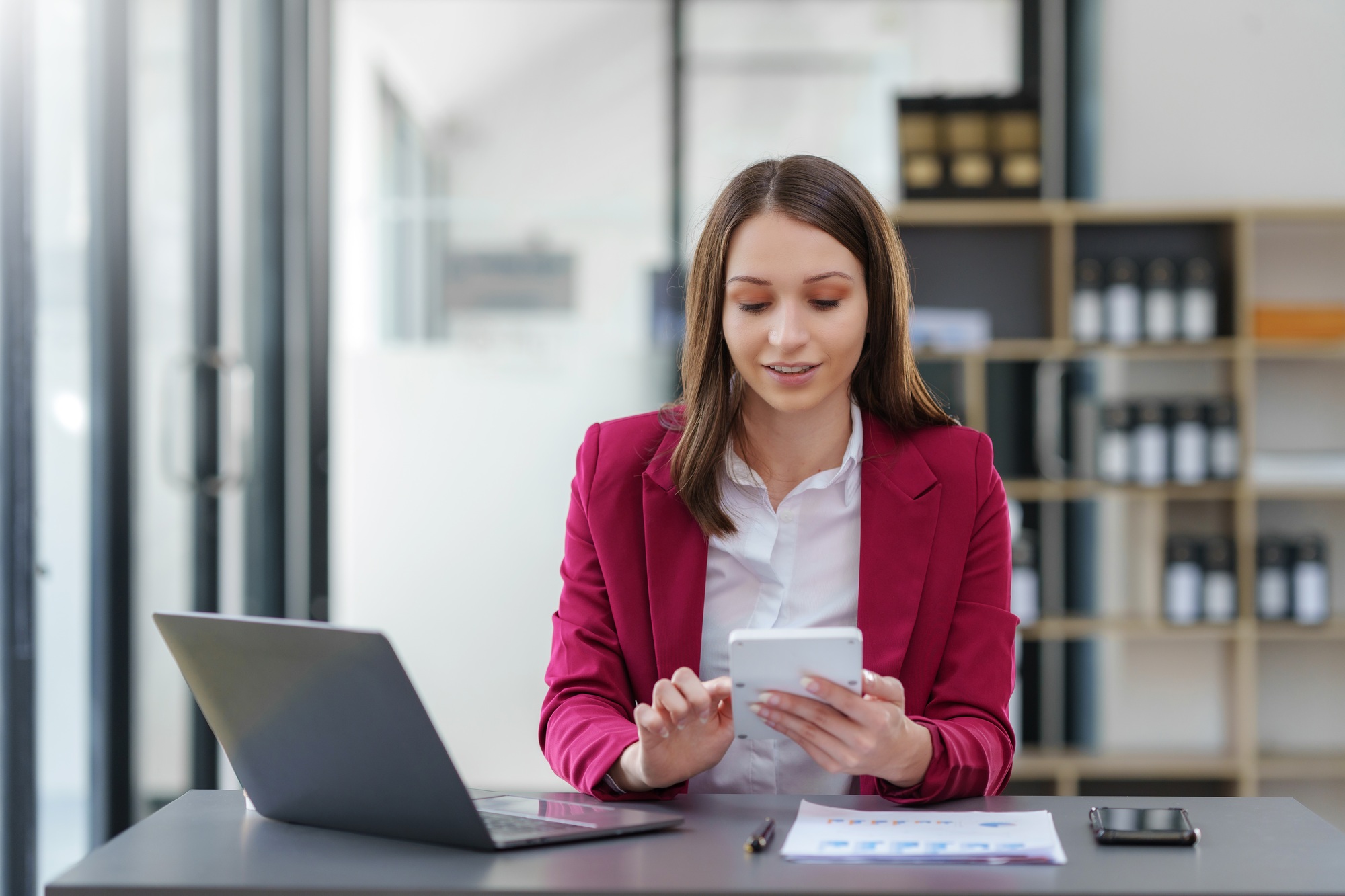 Businesswoman accountant or banker making calculations. Savings
