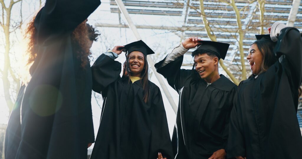 Class, graduation and outdoor for celebration, learning and group for education success. Students,