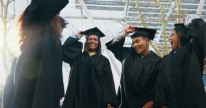 Class, graduation and outdoor for celebration, learning and group for education success. Students,