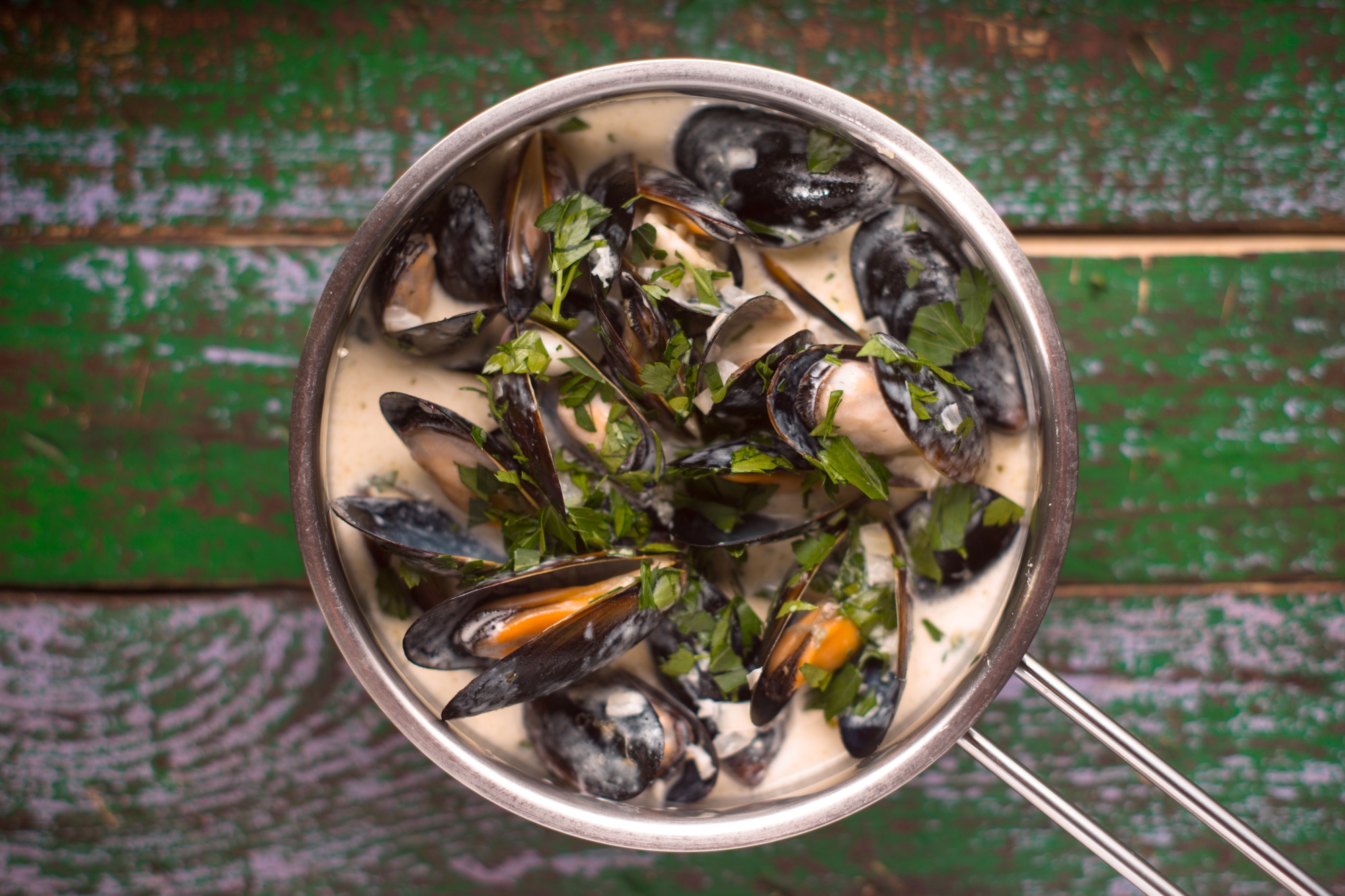 Mussels in Roquefort sauce on the old painted
