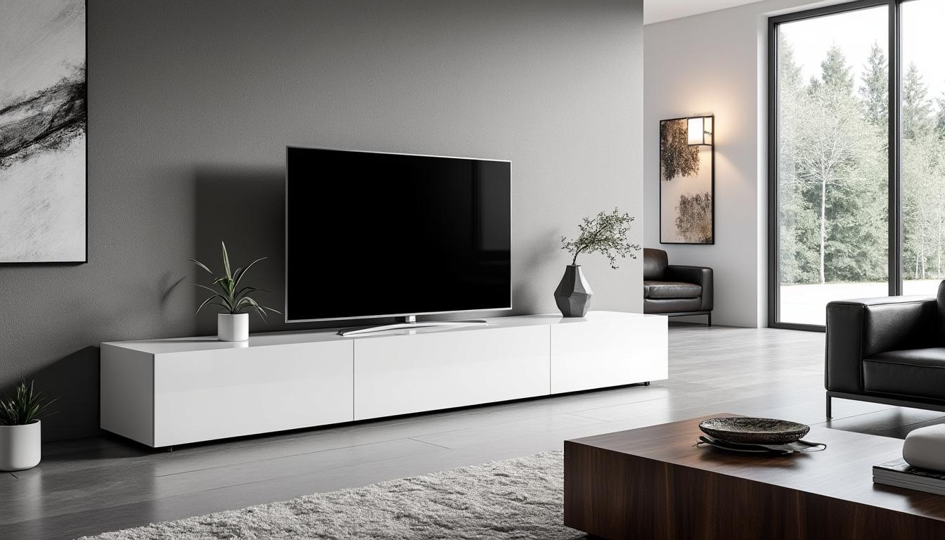 découvrez le meuble tv à led multicouleurs blanc laqué horizon, idéal pour sublimer votre salon et créer une ambiance unique lors de vos soirées cinéma. modernité, design et praticité réunis pour un espace de divertissement inégalé.
