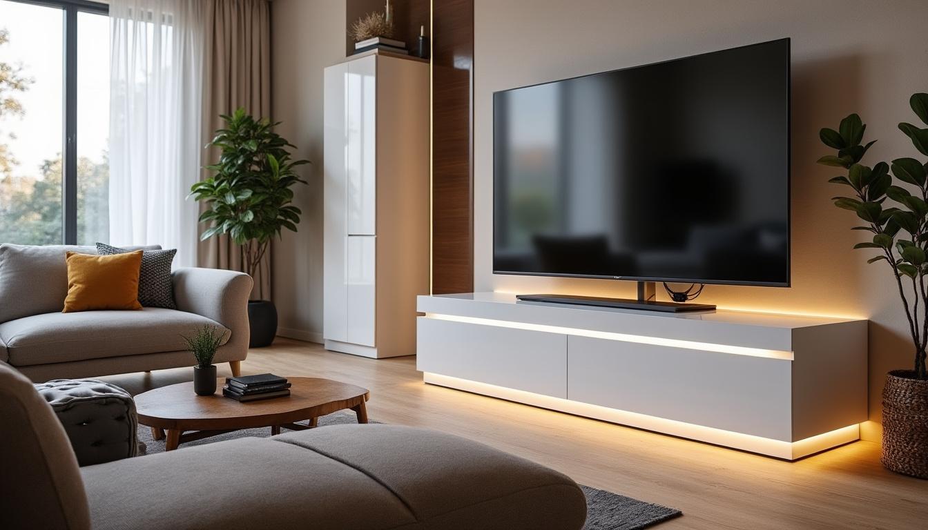 offrez-vous des soirées cinéma inoubliables avec le meuble tv à led multicouleurs blanc laqué horizon. design moderne, éclairage d’ambiance personnalisable et rangement pratique pour un salon élégant et convivial.