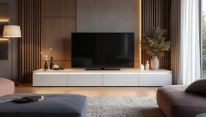 découvrez le meuble tv à led multicouleurs blanc laqué horizon : un mobilier design et moderne pour sublimer vos soirées cinéma. illuminez votre salon et créez une ambiance unique grâce à son éclairage led personnalisable.