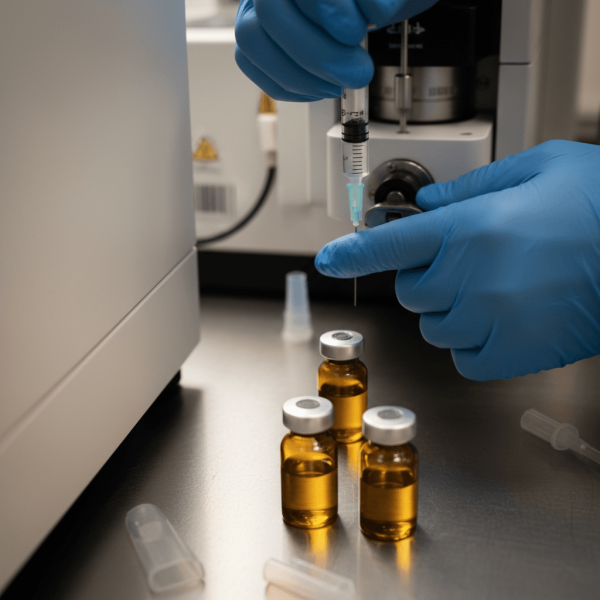 Mains gantées préparant injection d'échantillon CBD pour analyse HPLC en laboratoire accrédité