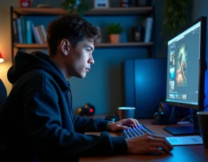 Jeune homme utilisant un bloqueur de publicités sur son ordinateur de bureau pour jouer sur un site de jeux en ligne