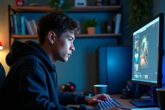 Jeune homme utilisant un bloqueur de publicités sur son ordinateur de bureau pour jouer sur un site de jeux en ligne