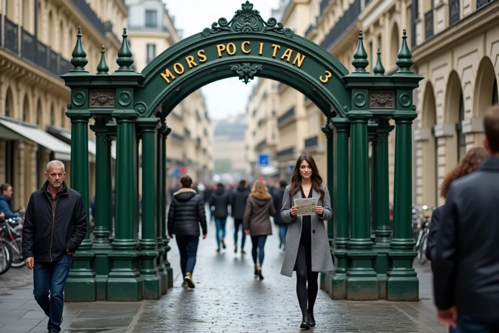 Entrée de station de métro parisienne ligne 3 avec voyageurs consultant leur plan de trajet