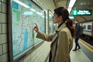 Femme consultant la carte de la ligne 3 du métro RATP sur un quai parisien