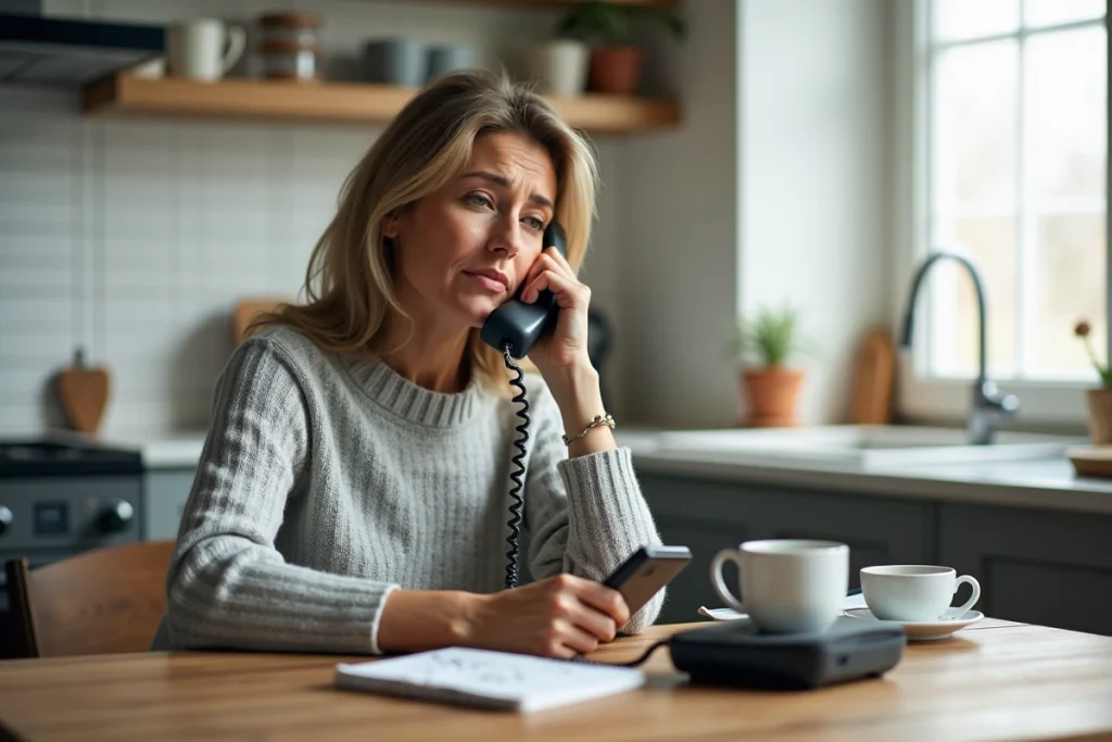 Femme utilisant un téléphone fixe à domicile pour gérer son répondeur saturé avec l'offre Free