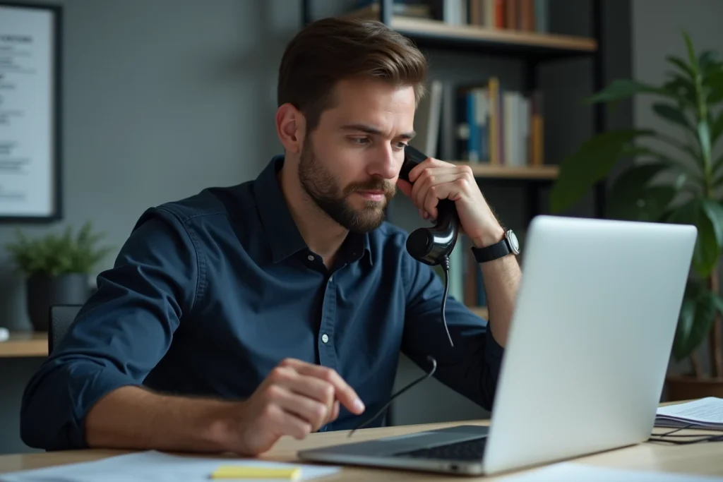 Homme gérant son répondeur téléphonique Free fixe depuis un bureau à domicile avec ordinateur portable