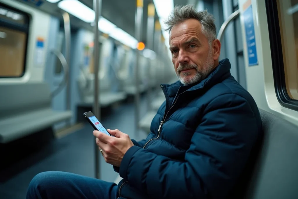 Passager consultant une carte interactive du métro ligne 3 sur smartphone dans la rame