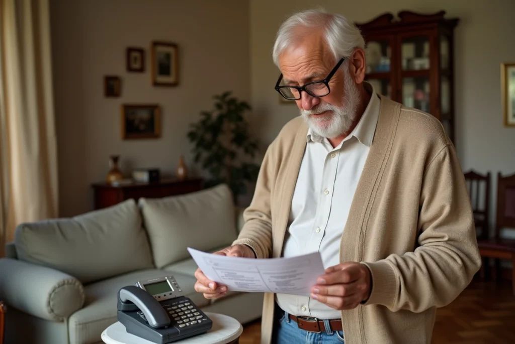 Senior consultant les instructions de son répondeur téléphonique fixe Free dans son salon
