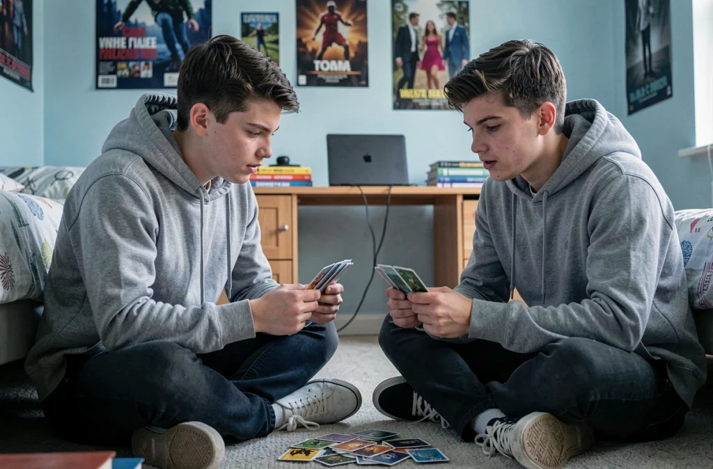 Deux adolescents jouant à un jeu de cartes rapide assis par terre dans une chambre, loin des écrans