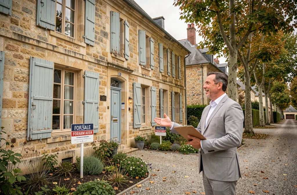 Agent immobilier présentant une maison en pierre à vendre après une succession familiale