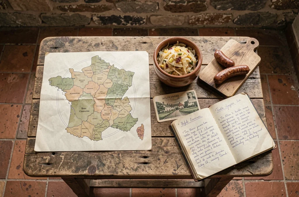 Composition à plat sur une table en bois représentant les deux régions françaises Alsace et Toulouse avec carte de France, spécialités culinaires et carnet de voyage