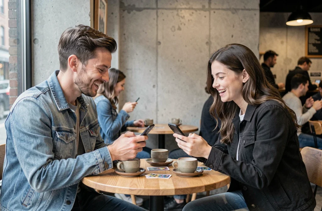 Deux amis jouant à la coinche en ligne gratuitement sur smartphone dans un café