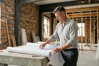 Architecte examinant des plans dans un bâtiment industriel en cours de transformation avec poutres métalliques et murs en briques apparentes