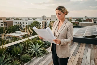 Architecte sur un toit végétalisé d'un bâtiment écologique urbain, illustrant les nouvelles tendances de la construction verte en ville