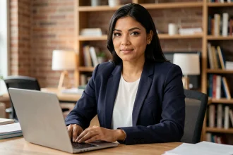 Femme journaliste d'origines mixtes assise dans un bureau éditorial, incarnant la curiosité publique autour des origines et de l'identité