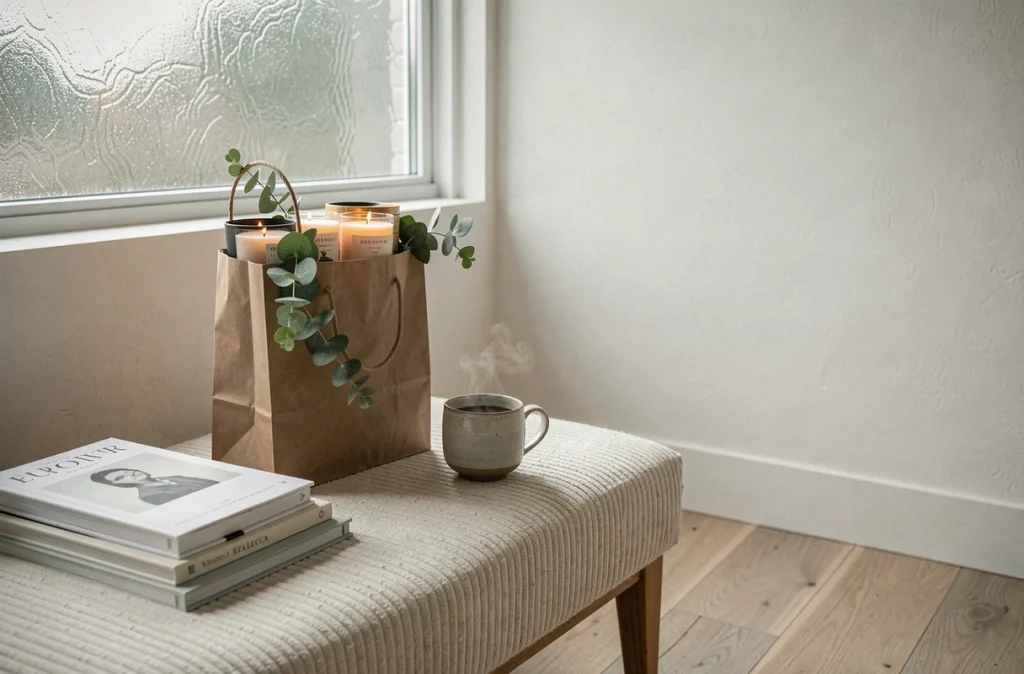Bougies de luxe dans un sac cadeau posé sur un banc en lin dans un intérieur scandinave minimaliste