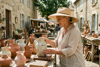 Femme inspectant une cruche ancienne sur un stand de brocante en plein air dans le Lot-et-Garonne
