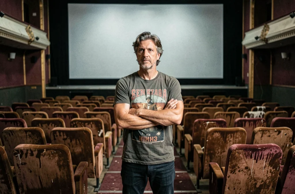 Cinéaste contemplatif debout dans une salle de cinéma ancienne et vide face à l'écran blanc