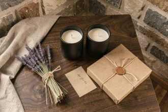 Coffret cadeau luxueux avec bougies artisanales en verre noir mat, botaniques séchées et carte manuscrite sur table en bois sombre