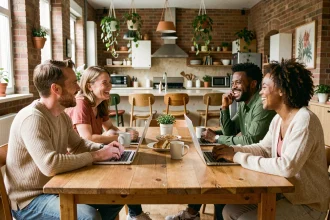 Groupe de colocataires adultes réunis autour d'une grande table en bois dans un espace de vie partagé moderne avec cuisine ouverte et mur en briques