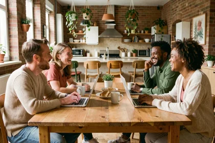 Groupe de colocataires adultes réunis autour d'une grande table en bois dans un espace de vie partagé moderne avec cuisine ouverte et mur en briques