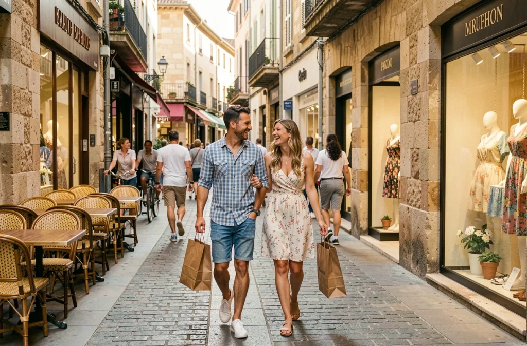 Couple se promenant dans une rue commerçante piétonne de Montpellier un dimanche, avec des sacs de shopping et des vitrines de magasins en arrière-plan