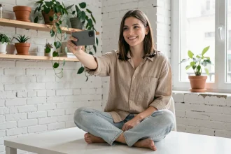 Jeune créatrice de contenu enregistrant une vidéo TikTok depuis son studio minimaliste à Paris
