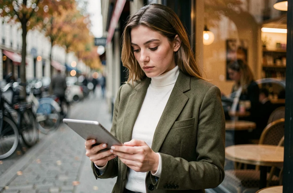 Créatrice digitale analysant ses statistiques TikTok devant un café parisien en automne