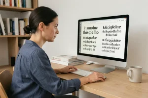 Femme designer étudiant des comparaisons de polices de caractères sur un écran d'ordinateur pour optimiser la lisibilité web