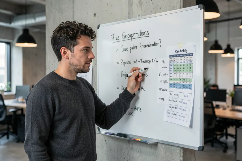 Designer web présentant une hiérarchie de tailles de polices sur tableau blanc dans un espace de coworking moderne
