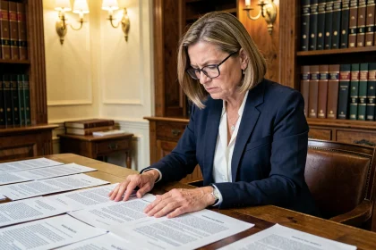 Femme consultant des documents notariaux lors d'une succession immobilière dans un bureau de notaire