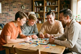 Famille avec deux adolescents jouant à un jeu de société moderne autour d'une table en bois dans un salon chaleureux