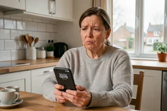 Femme inquiète regardant un appel entrant d'un numéro inconnu commençant par 0270 sur son smartphone