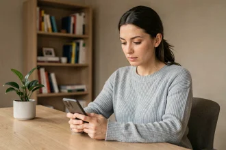 Femme concentrée dans son bureau à domicile consultant les paramètres de son smartphone pour activer le mode ne pas déranger