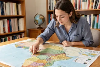 Femme pointant l'archipel de Mayotte sur une carte physique de l'Afrique posée sur un bureau en bois
