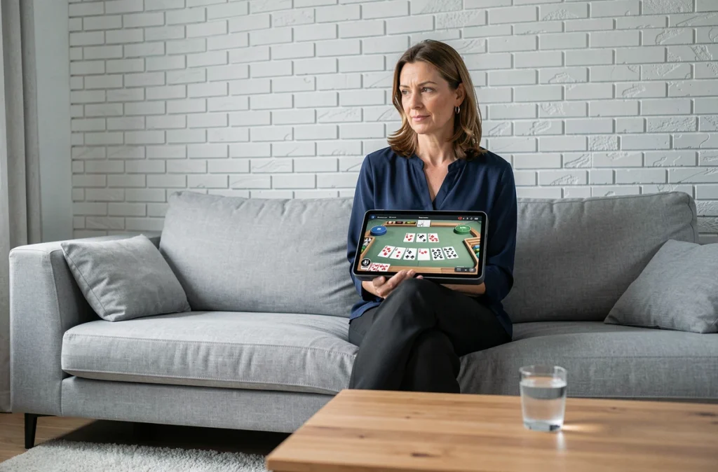 Femme jouant à la coinche sans inscription sur une tablette dans son salon