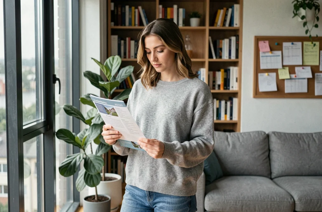 Jeune femme consultant une brochure immobilière dans le salon commun d'un appartement en colocation meublé et lumineux