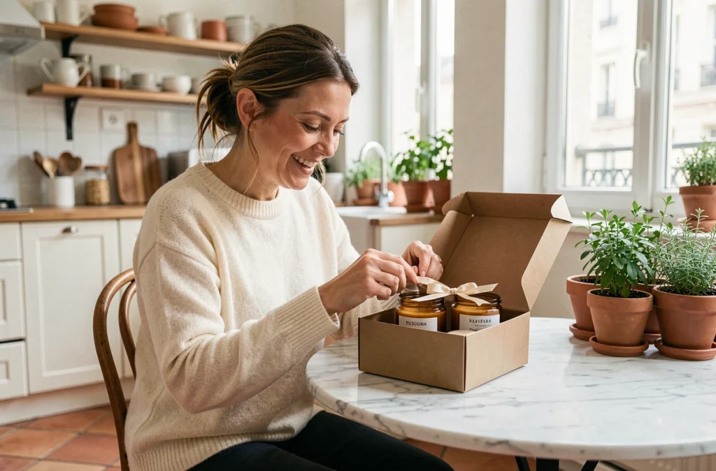 Femme souriante déballant un cadeau de bougies parfumées artisanales dans une cuisine parisienne chaleureuse