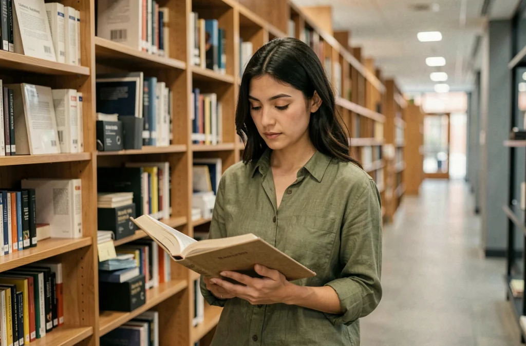 Jeune femme aux origines mixtes consultant des archives dans une bibliothèque publique moderne, symbolisant la recherche d'identité et de transparence