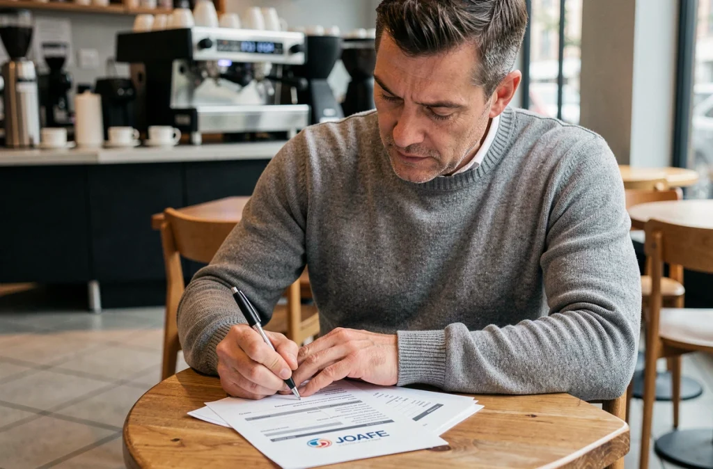 Homme remplissant un formulaire de déclaration d'association dans un café pour publication au Journal Officiel