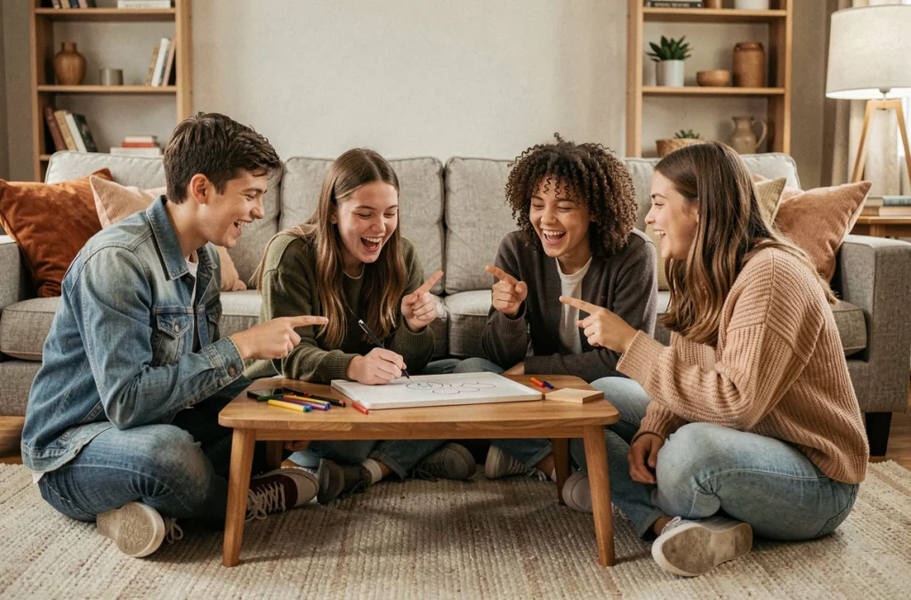 Groupe de quatre adolescents jouant à un jeu de société coopératif animé dans un salon sans écrans, rires et complicité