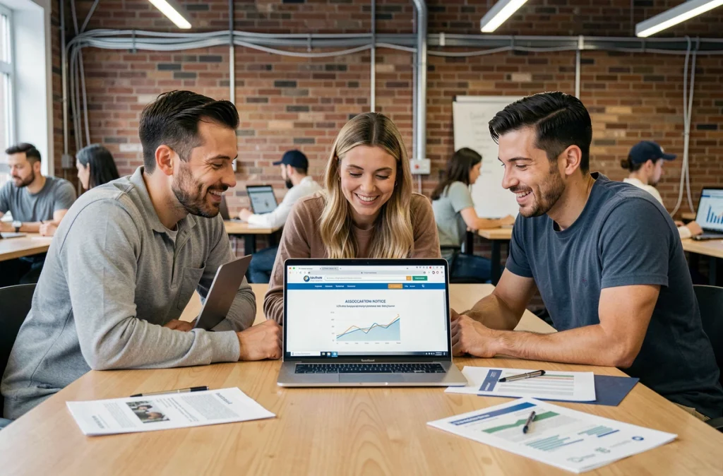 Groupe de fondateurs d'association soumettant leur déclaration en ligne au Journal Officiel dans un espace de coworking