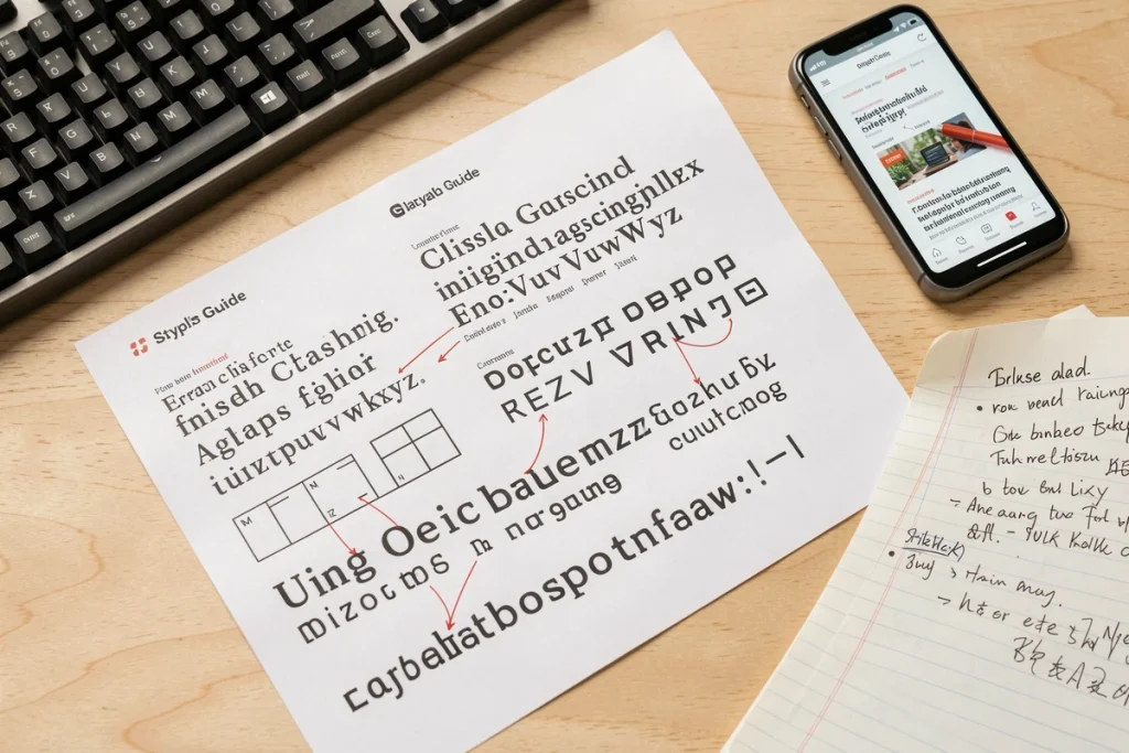 Guide de style typographique annoté à la main avec échantillons de polices serif et sans-serif pour la lisibilité des sites web