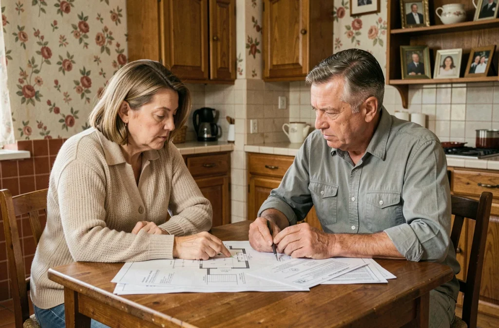 Deux héritiers examinant les documents d'évaluation d'un bien immobilier reçu en succession