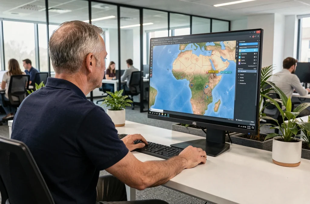 Homme consultant une carte interactive de l'Afrique sur un écran affichant la localisation de Mayotte