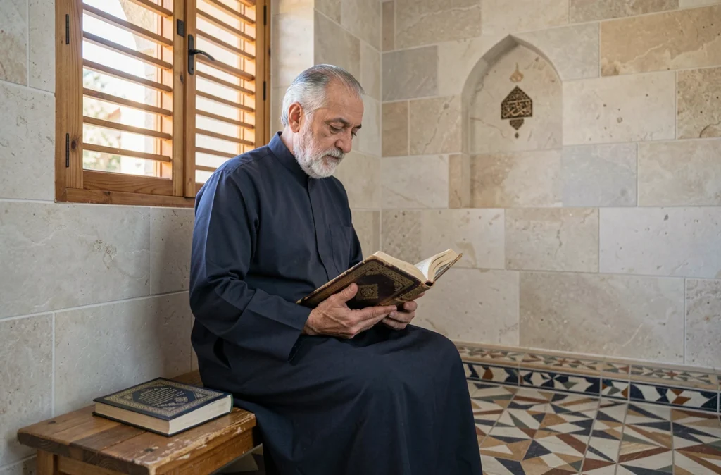 Homme âgé méditant la Sourate Al Kahf dans une mosquée avec une traduction française lors de la prière du vendredi